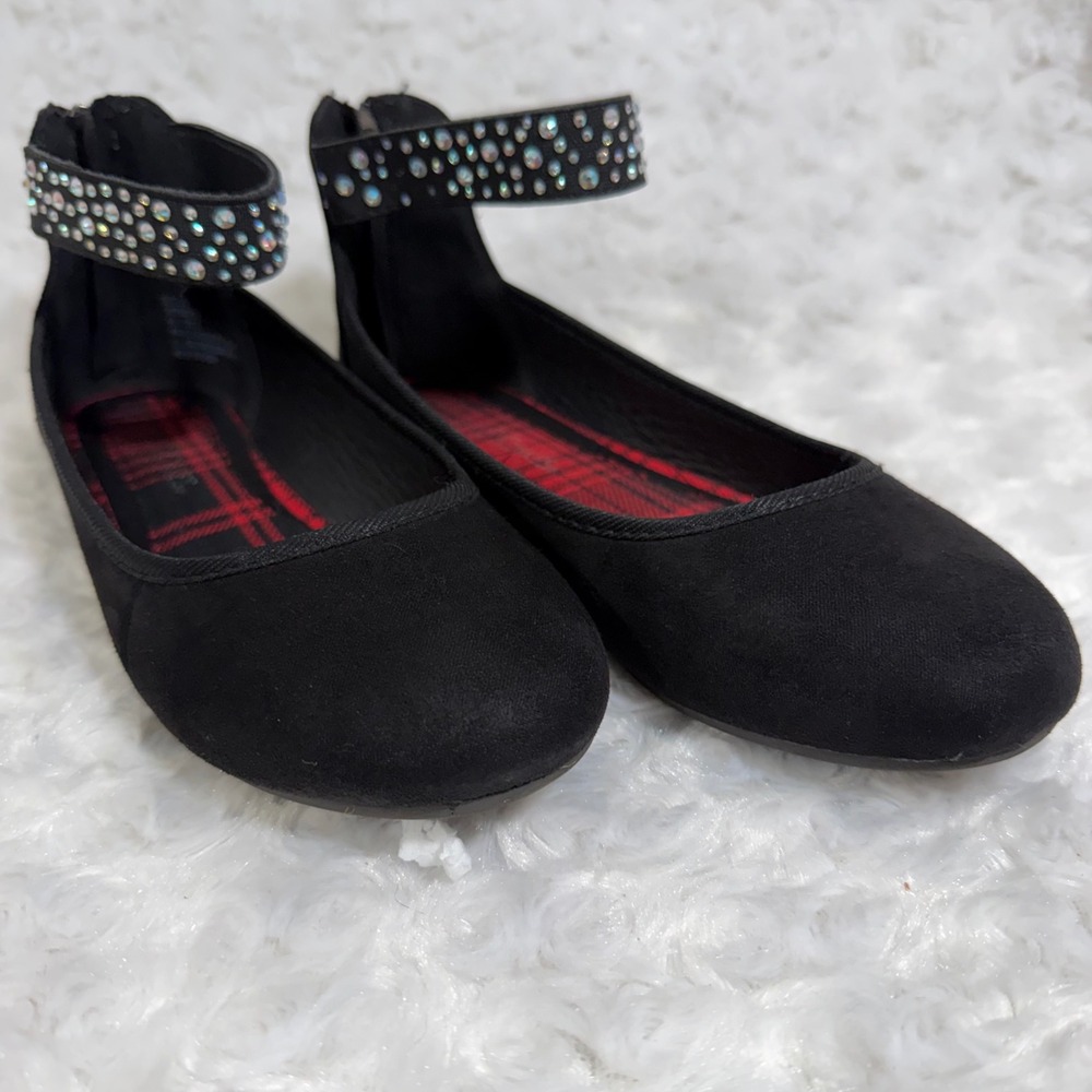 Hotcakes Girls Black Faux Suede Rhinestone Ankle Strap Ballet Flats Size 2M